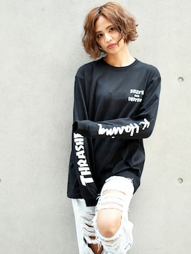 「THRASHER（スラッシャー）のアイテム」を使った、RiNcさん（レディース・163cm）の春コーディネート