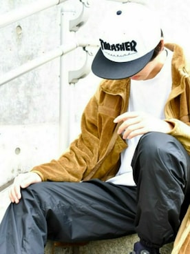 「THRASHER（スラッシャー）のアイテム（帽子）」を使った、RiNcさん（メンズ・170cm）の春コーディネート