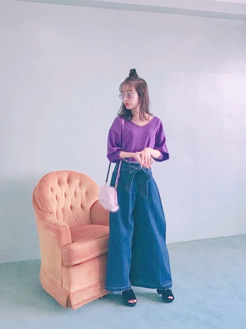 セール】リボンベルト付きワイドパンツ（デニムパンツ）｜one after