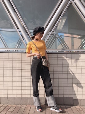「one after another NICE CLAUP（ワンアフターアナザーナイスクラップ）のアイテム（デニムパンツ）」を使った、前田希美さん（レディース・158cm）の夏コーディネート