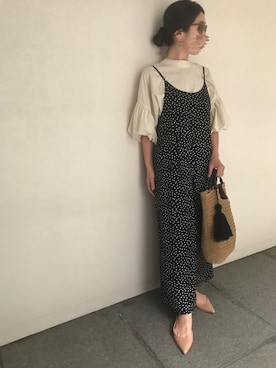 「バルーンスリーブ」｜「アイテム（オールインワン・サロペット）」を使った、micocoさん（レディース・158cm）の春コーディネート