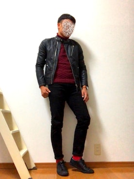 「ワインレッド」｜「アイテム（ライダースジャケット）」を使った、goooomesさん（メンズ・179cm）の春コーディネート