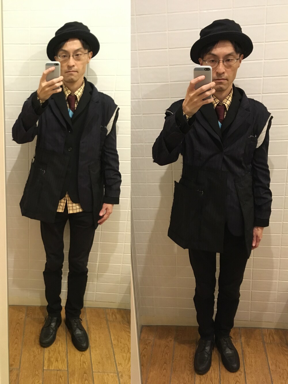 ブラック系のその他アウター、その他のシャツ/ブラウス、その他のネクタイを着用したメンズの秋コーディネートの1枚目の写真