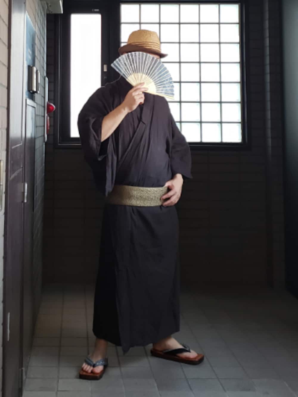 「浴衣祭り、浴衣、浴衣男子、ストローハット、浴衣コーデ、和服、雪駄、夏コーデ、着物、着物コーデ」｜「古着浴衣のアイテム（浴衣、ブラウン系）」を使った、sggggg1031さん（メンズ・165cm）の夏コーディネートの1枚目の写真