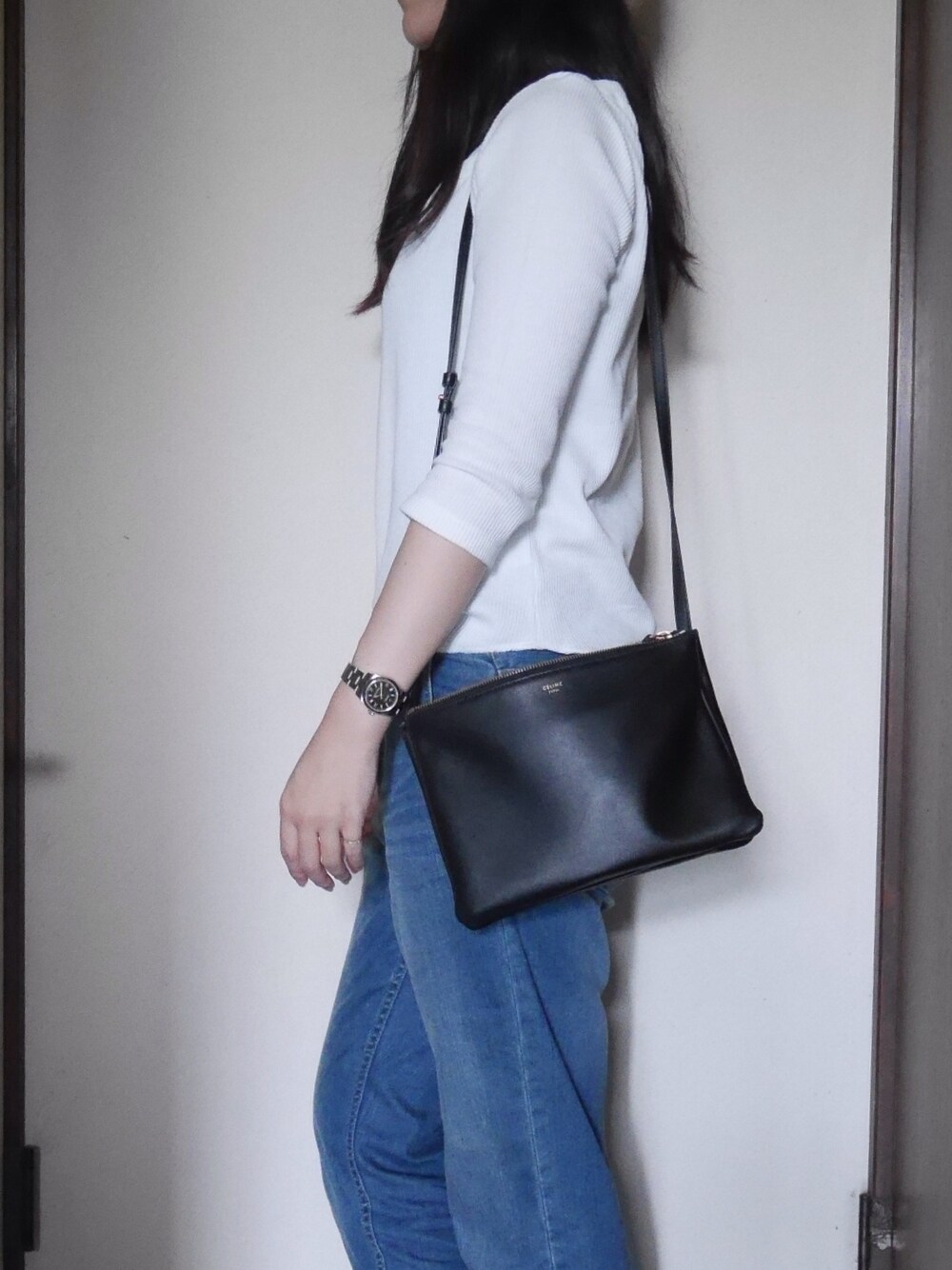 「秋のコーデ、休日スタイル、オトナカジュアル、デニムパンツ、ラクチンコーデ、ベレー帽、denim」｜「CIAOPANIC TYPYのワッフル七分袖ボートネックtee（Tシャツ/カットソー、ホワイト系）」を使った、y!!!さん（レディース・166cm）の秋コーディネートの1枚目の写真