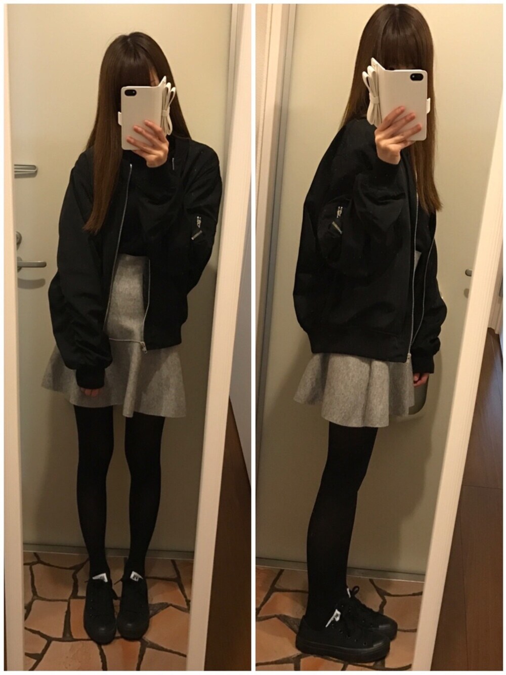「MA1、ローリーズファーム(LOWRYS FARM)、サーキュラースカート、ZARA」｜「LOWRYS FARMのＰソデボリュームＭＡ－１　743677（MA-1、ブラック系）」を使った、SEINA▼さん（レディース・153cm）の春コーディネートの1枚目の写真