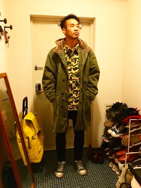 「迷彩」｜「アイテム（モッズコート）」を使った、テラさん（メンズ・184cm）の冬コーディネート