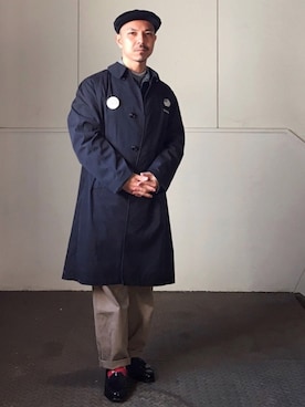 「ワークパンツ」｜「アイテム（ステンカラーコート）」を使った、初珠さん（メンズ・167cm）の冬コーディネート