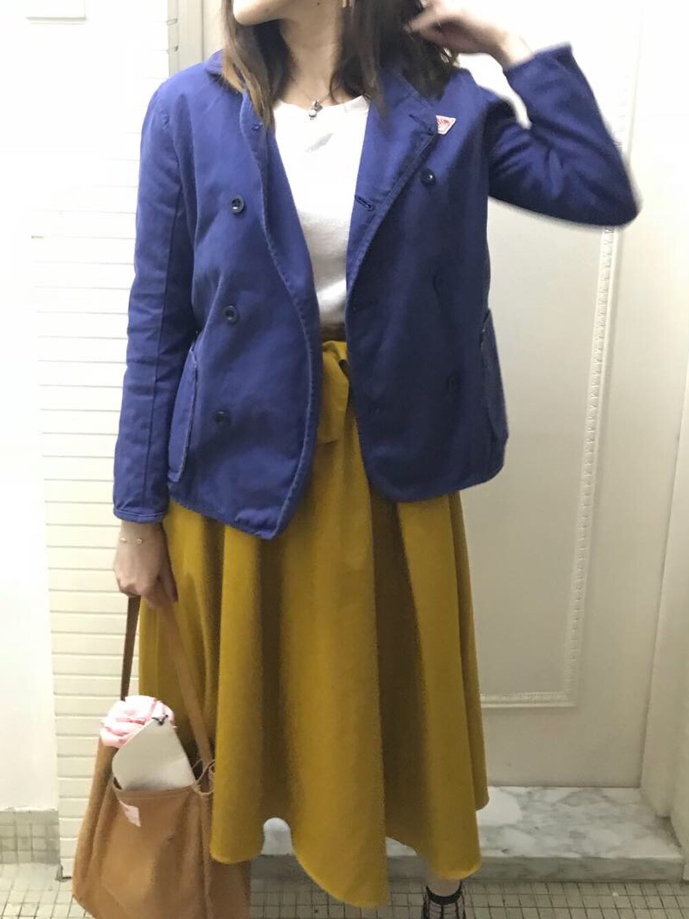 「ootd、ootdhk、Danton、INGNI、BAG'n'NOUN、古着、春コーデ、古着MIX、バレンタインコーデ」｜「DANTONのアイテム（テーラードジャケット、ブルー系）」を使った、Jasmine ジャスミンさん（レディース・163cm）の冬コーディネートの1枚目の写真