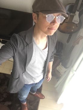 「CA4LA（カシラ）のアイテム（ハンチング/ベレー帽、ブラウン系）」を使った、ミツヒロさん（メンズ・170cm）の春コーディネート