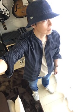 「LACOSTE（ラコステ）のアイテム（ハット、ブルー系）」を使った、ミツヒロさん（メンズ・170cm）の春コーディネート