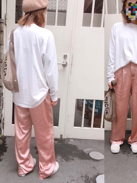 「サテンパンツ」｜「アイテム（ハンチング/ベレー帽）」を使った、Lisaさん（レディース・159cm）の春コーディネート