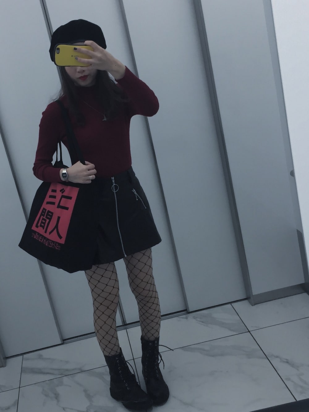 「WEGO、WC、ヴィヴィアンウエストウッド、YOSUKE、矢沢あい、ニット、レザースカート」｜「WEGOのWEGO/リブハイネックニット（ニット/セーター、レッド系）」を使った、nanahoさん（レディース・162cm）の冬コーディネートの1枚目の写真