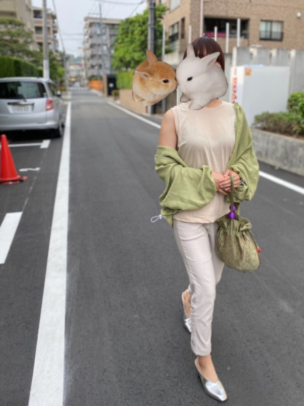 「休日スタイル、ラクチンコーデ、KBF、Hanes、SENSEOFPLACE、BEAMS、グリーン、春夏コーデ、ノースリーブ、パックTシャツ」｜「KBFのメッシュブルゾン（ブルゾン、グリーン系）」を使った、しるこさん（レディース・162cm）の夏コーディネートの1枚目の写真