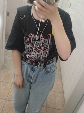「Harley-Davidson（ハーレーダビッドソン）のアイテム（Tシャツ/カットソー、ブラック系）」を使った、華捺さん（レディース・160cm）の春コーディネート