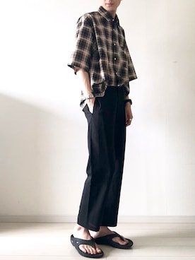 「LAKOLE（ラコレ）のブークレチェック柄クロップドシャツ / LAKOLE（シャツ/ブラウス、ベージュ系）」を使った、KYOさん（メンズ・180cm）の春コーディネート