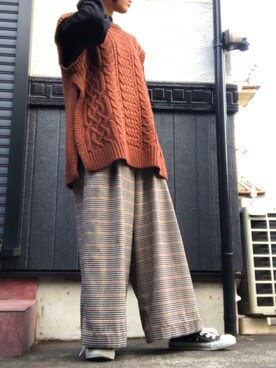 「niko and...（ニコアンド）のWARM機能チェックワイドパンツ（その他パンツ、ベージュ系）」を使った、さるかめさん（レディース・154cm）の冬コーディネート