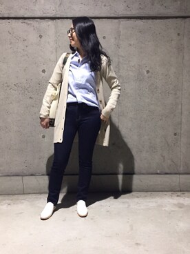 「GU（ジーユー）のアイテム（デニムパンツ、ブルー系）」を使った、Mさん（レディース・156cm）の春コーディネート