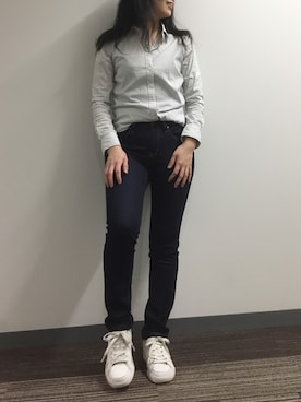 「GU（ジーユー）のアイテム（デニムパンツ、ブルー系）」を使った、Mさん（レディース・156cm）の夏コーディネート