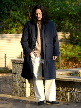 「アイテム（ステンカラーコート、ブルー系）」を使った、鈴木さん（メンズ・171cm）の冬コーディネート