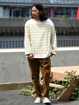 「SHIPS（シップス）の【WEB限定】SHIPS: ワンポイント ロゴ リラックスフィット ジャージー ボーダー ボートネック ロングスリーブ Tシャツ (ロンT)（Tシャツ/カットソー）」を使った、鈴木さん（メンズ・171cm）の夏コーディネート