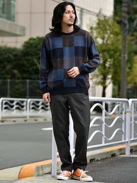 「チェック柄に恋してる」｜「アイテム（チノパンツ）」を使った、鈴木さん（メンズ・171cm）の冬コーディネート