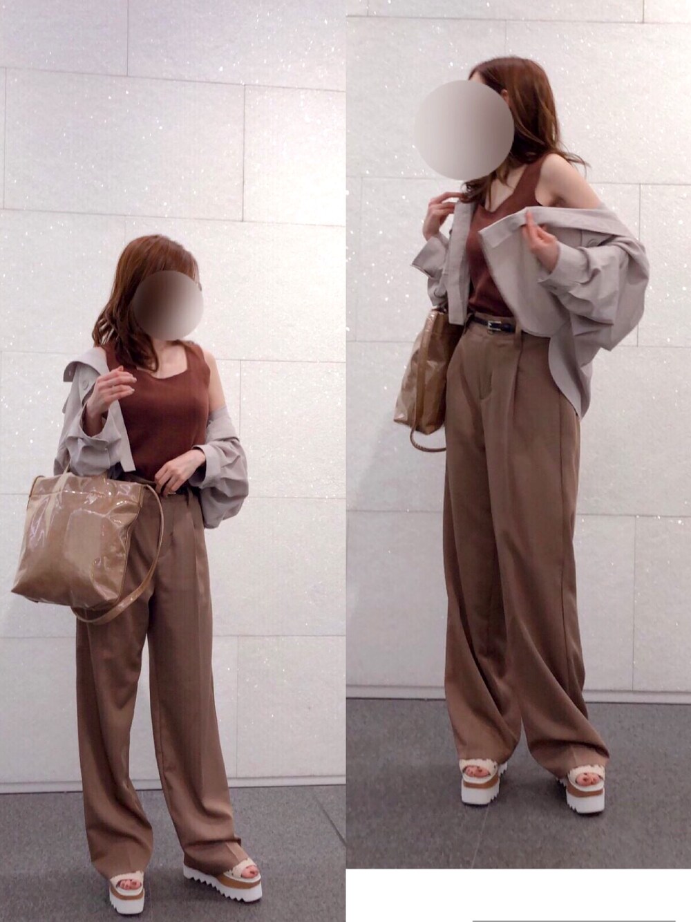 「ZARA、ジーナシス、coca、テロテロ、シャツスタイル、オーバーサイズ、ザラ、ニットタンク、ブラウン、ベージュ」｜「JEANASISのアイテム（シャツ/ブラウス、グレー系）」を使った、n.yuさん（レディース・157cm）の夏コーディネートの1枚目の写真