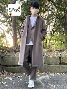 「アイテム（ステンカラーコート）」を使った、oRiTo/おりとさん（メンズ・177cm・20代）の春コーディネート