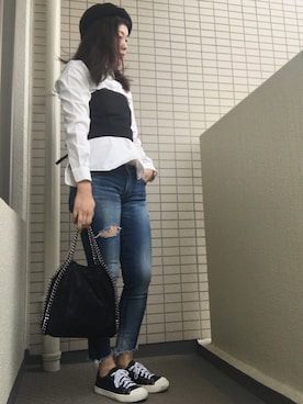 「Ungrid（アングリッド）のフレイドヘムストスリ（デニムパンツ）」を使った、somさん（レディース・161cm）の春コーディネート