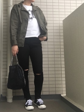 「ニコアンド」｜「アイテム（ミリタリージャケット）」を使った、somさん（レディース・161cm）の春コーディネート