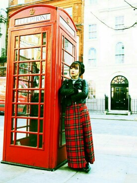 「タータンチェック」｜「アイテム（ライダースジャケット）」を使った、♡さん（レディース・147cm）の春コーディネート