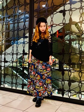 「HYSTERIC GLAMOUR（ヒステリックグラマー）のHYS ZAP ZAP総柄スカート（スカート、その他）」を使った、hinataさん（レディース・162cm）の春コーディネート