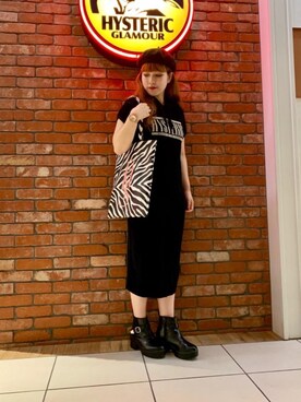 「HYSTERIC GLAMOUR（ヒステリックグラマー）のSOUND OF FUTURE プリント ワンピース（ワンピース、ブラック系）」を使った、hinataさん（レディース・162cm）の夏コーディネート