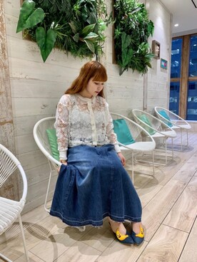 「HYSTERIC GLAMOUR（ヒステリックグラマー）のUSED加工デニム フレアスカート（デニムスカート、ブルー系）」を使った、hinataさん（レディース・162cm）の夏コーディネート