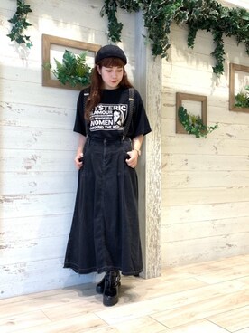 「HYSTERIC GLAMOUR（ヒステリックグラマー）のUSED加工デニム フレアスカート（デニムスカート、ブラック系）」を使った、hinataさん（レディース・162cm）の夏コーディネート