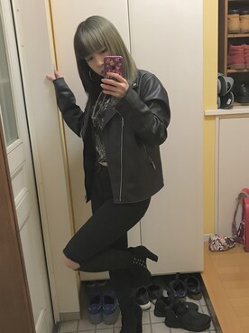 「Rodeo Crowns（ロデオクラウンズ）のアイテム（ライダースジャケット）」を使った、mariaさん（レディース・152cm）の春コーディネート