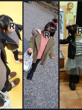 「韓国子供服のアイテム（ニット/セーター、オレンジ系）」を使った、R.さん（キッズ・120cm）の春コーディネート