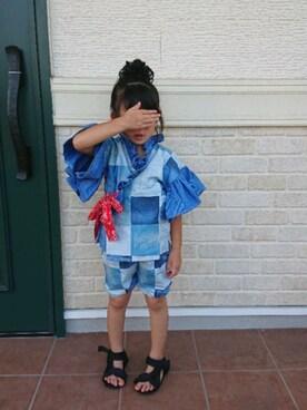 「Handmade（ハンドメイド）のアイテム（水着/着物・浴衣、ブルー系）」を使った、R.さん（キッズ・120cm）の夏コーディネート