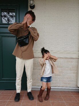 「GU（ジーユー）のアイテム（シャツ/ブラウス、ブラウン系）」を使った、R.さん（キッズ・120cm）の秋コーディネート