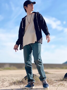 「ROOPTOKYO（ループトウキョウ）のアイテム（キャップ）」を使った、しょう🐤🐦🐧しばらく休みますさん（メンズ・173cm）の春コーディネート