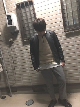 「ライタースジャケット」｜「アイテム（スラックス）」を使った、けーすけさん（メンズ・175cm）の冬コーディネート