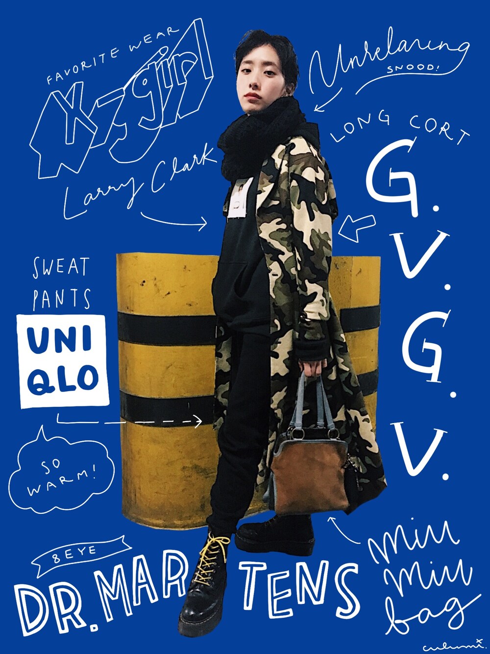 「スウェット、スウェットパンツ、カジュアル、黒、ブーツ、Dr.Martens、ロングコート、カモフラ、パーカー、モノトーン」｜「X-girlのX-girl x Larry Clark BIG SWEAT PULLOVER（パーカー、ブラック系）」を使った、中田クルミさん（レディース・168cm）の冬コーディネートの1枚目の写真