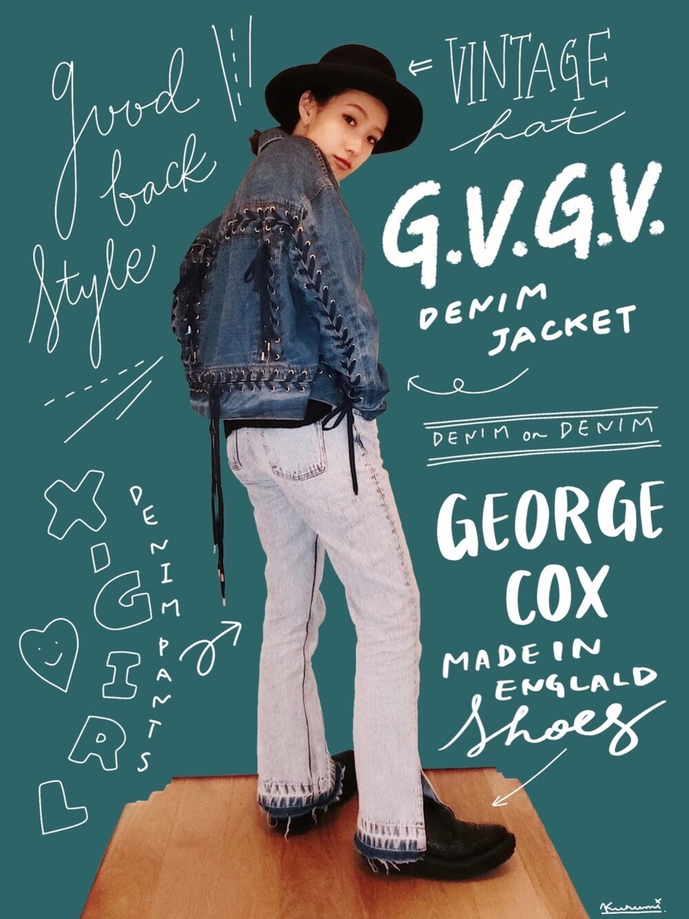 「はるコーデ、大人カジュアル、ラフ、デニム、casual、ハット、ラバーソール、デニムオンデニム、g.v.g.v.、Gジャン」｜「G.V.G.V.のDENIM LACE UP JACKET（デニムジャケット、ブルー系）」を使った、中田クルミさん（レディース・168cm）の春コーディネートの1枚目の写真