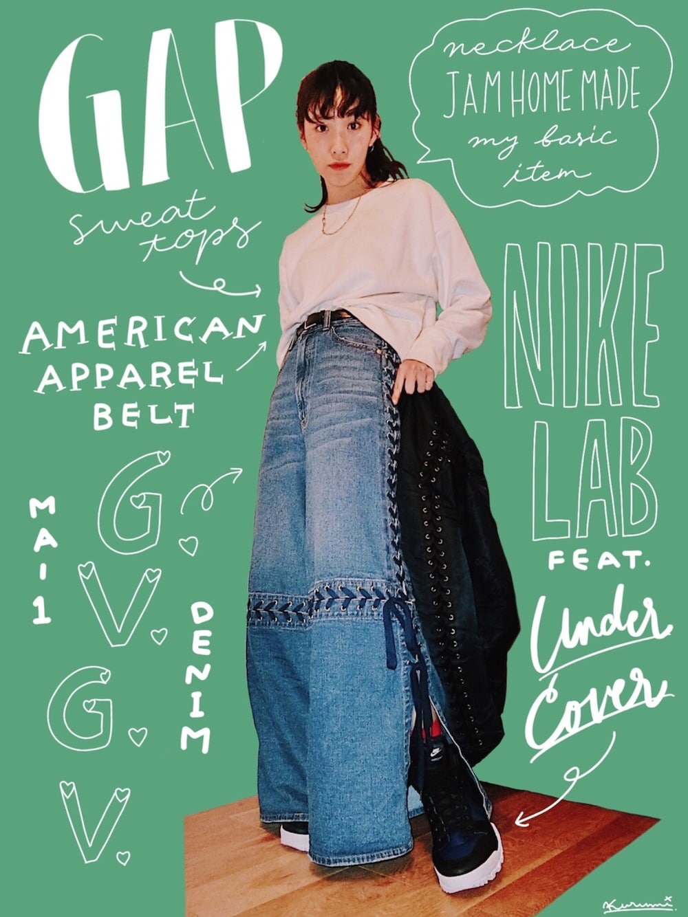 「デニムパンツ、スニーカー、編み上げトップス、シンプルコーデ、ワイドパンツ、denim、プチプラ、GAP、90’s、バギーパンツ」｜「GAPのアイテム（スウェット、ホワイト系）」を使った、中田クルミさん（レディース・168cm）の春コーディネートの1枚目の写真