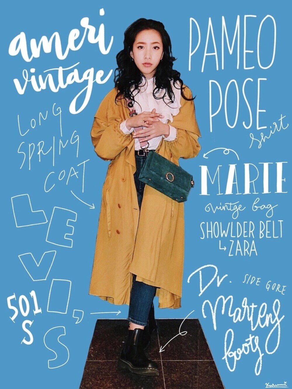 イエロー系のブルゾン、ホワイト系のシャツ/ブラウス、ブルー系のデニムパンツを着用したレディースの春コーディネートの1枚目の写真