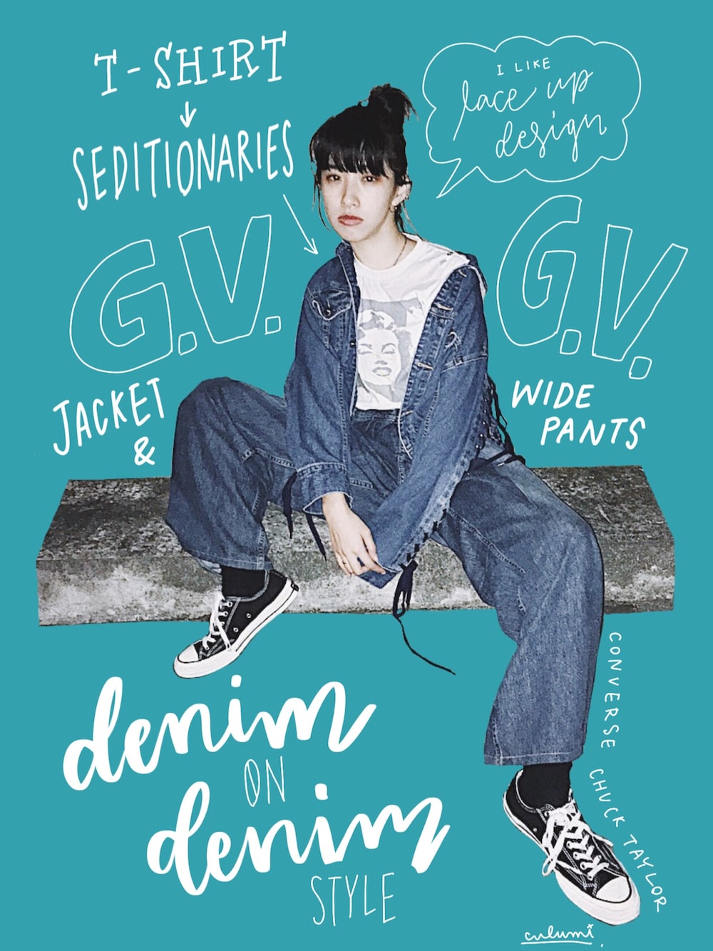 「カジュアルコーデ、デニムオンデニム、デニム、デニムパンツ、デニムジャケット、converse、中田クルミ、おだんごヘアー、秋のコーデ、ゆるコーデ」｜「G.V.G.V.のDENIM LACE UP JACKET（デニムジャケット、ブルー系）」を使った、中田クルミさん（レディース・168cm）の秋コーディネートの1枚目の写真