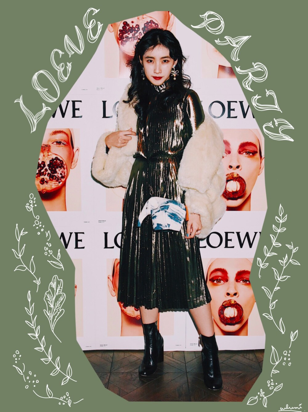 「もこもこ、ドレス、ゴールド、ワンピース、パーティースタイル、ファーコート、LOEWE、チャンキーヒール、中田クルミ」｜「LOEWEのアイテム（ワンピース、ゴールド系）」を使った、中田クルミさん（レディース・168cm）の秋コーディネートの1枚目の写真