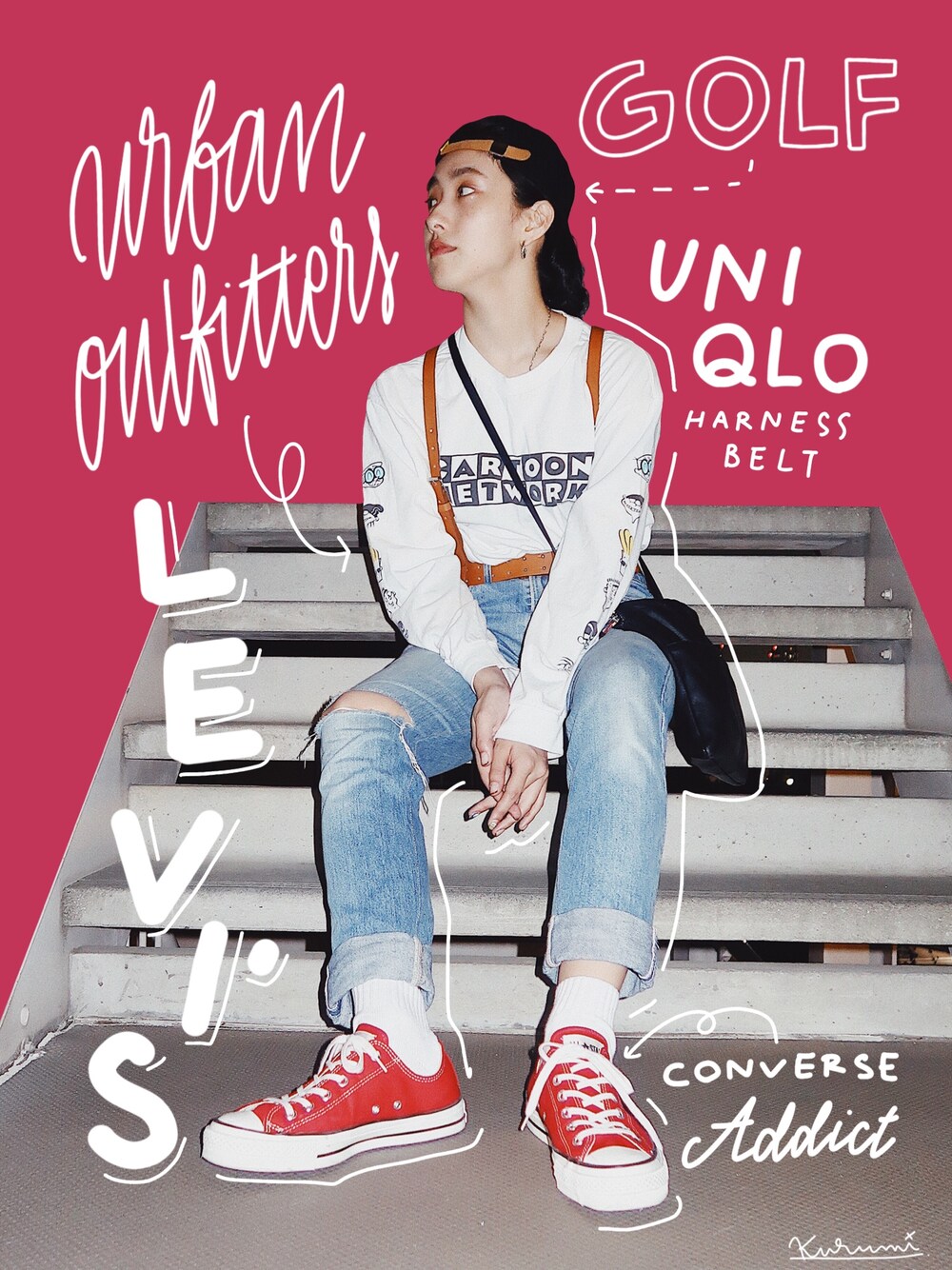 ホワイト系のTシャツ/カットソー、ブラック系のショルダーバッグ、ブルー系のデニムパンツを着用したレディースの春コーディネートの1枚目の写真