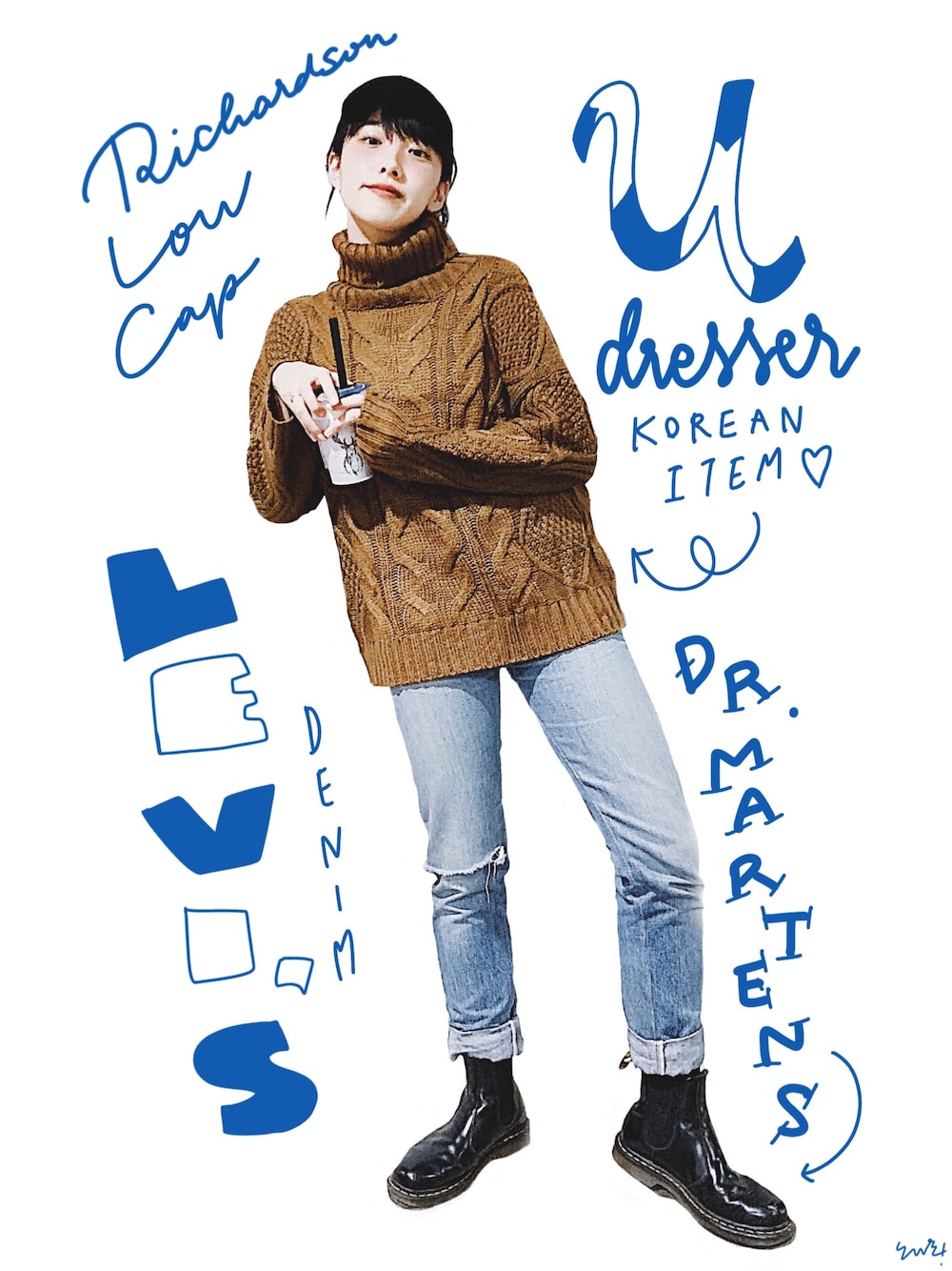 ブラウン系のニット/セーター、ブルー系のデニムパンツ、ブラック系のブーツを着用したレディースの秋コーディネートの1枚目の写真