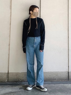 「メロートップス」｜「アイテム（デニムパンツ）」を使った、きっしゃんさん（レディース・151cm）の冬コーディネート